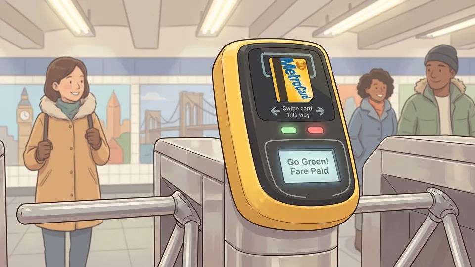 MTA fare card reader at subway turnstile with MetroCard being swiped. Alt text: MTA MetroCard fare payment system New York subway station. Composition: Close-up of fare card reader and turnstile mechanism showing payment technology that would be affected by fare adjustments.