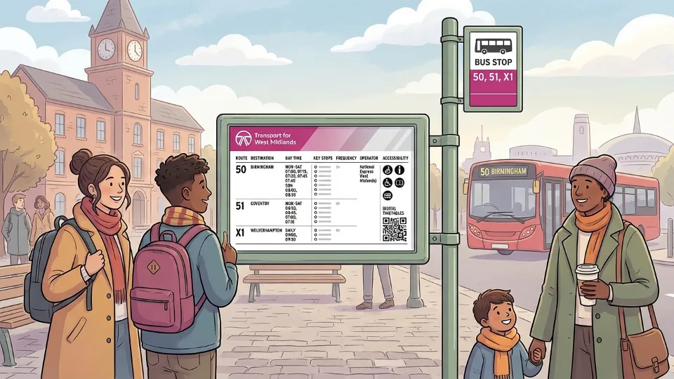 Bus timetable display board at West Midlands transit stop showing route schedules and service information