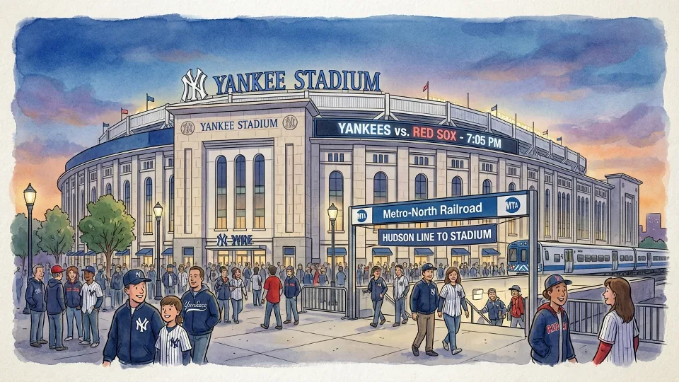 Yankee Stadium exterior with Metro-North station entrance and fans arriving for evening game. Alt text: Yankee Stadium with Metro-North commuter rail access for Yankees-Red Sox series. Composition: Stadium facade at dusk with visible Metro-North signage, crowds of fans entering, game time on stadium display.