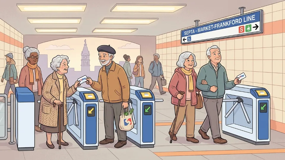 Senior passengers using SEPTA Key card at fare gate in Philadelphia subway station