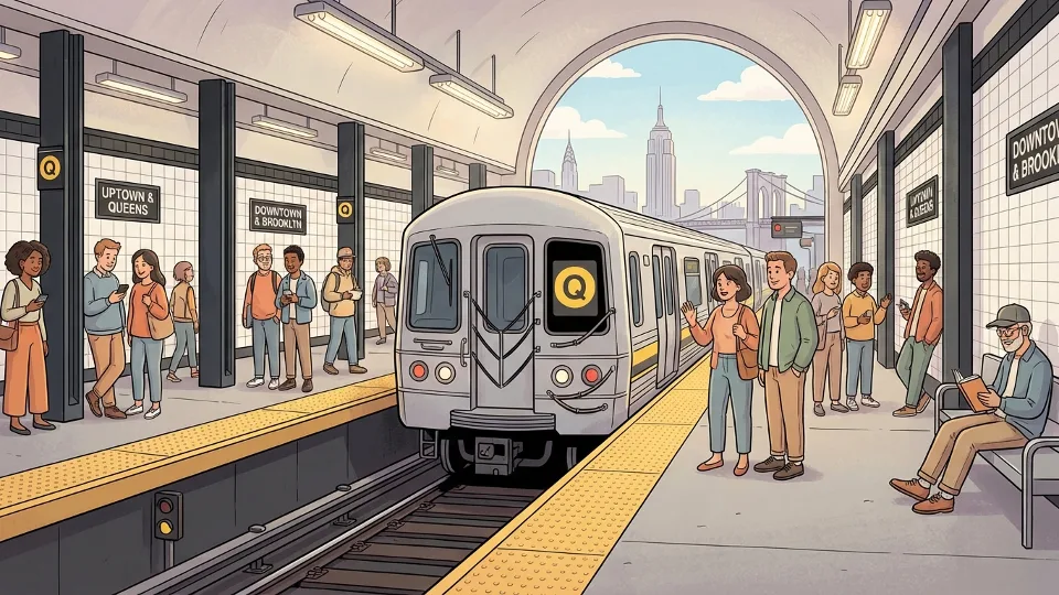 New York City subway station platform with Q train and passengers waiting during daytime