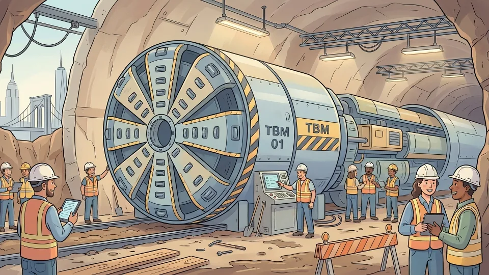 Tunnel boring machine at urban subway construction site with workers in hard hats and safety vests inspecting equipment