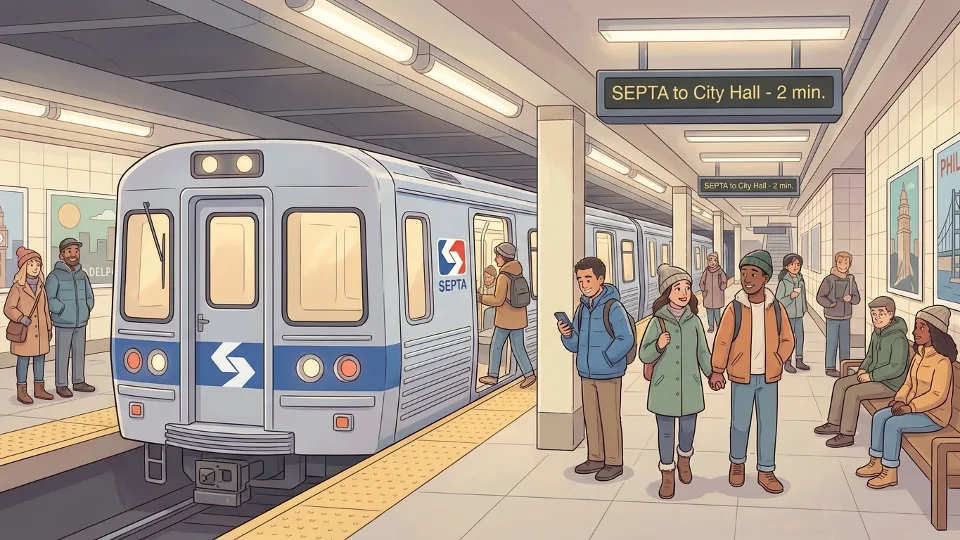 SEPTA subway train at Philadelphia station platform with passengers waiting