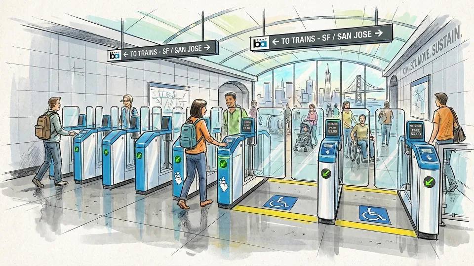 Wide-angle view of BART station entrance showing multiple new fare gates with accessibility features