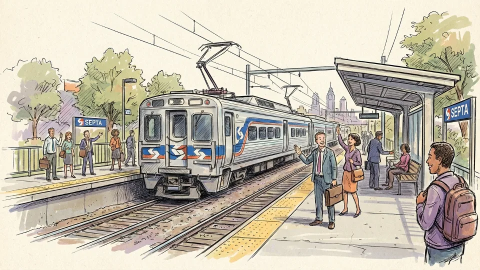 SEPTA regional rail train departing suburban Philadelphia station with commuters on platform