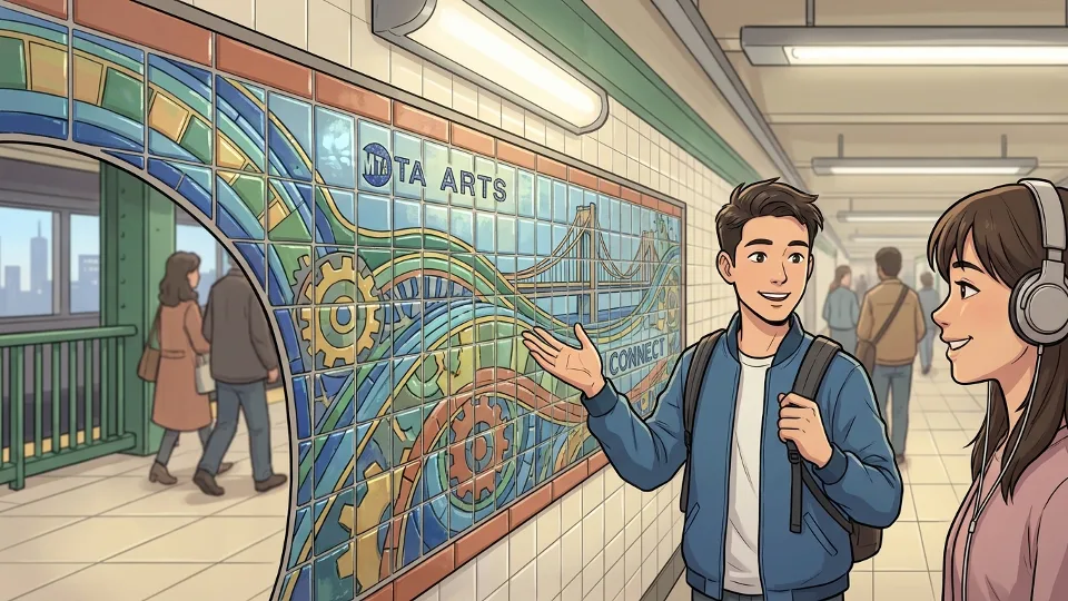 Close-up of detailed tile mosaic artwork at MTA subway station entrance with transit riders in background