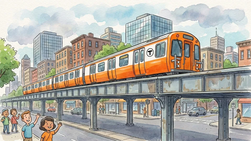 MBTA Orange Line train traveling on elevated tracks in Boston with urban skyline in background