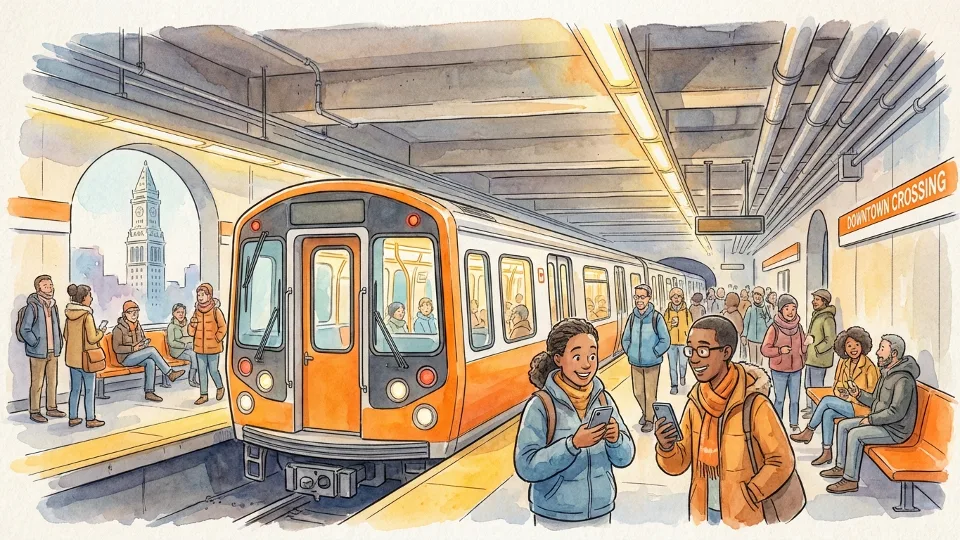 Close-up view of MBTA Orange Line train at station platform with passengers waiting