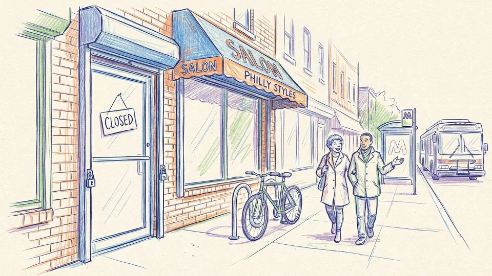 Salon storefront with locked doors and closed sign in urban Philadelphia neighborhood