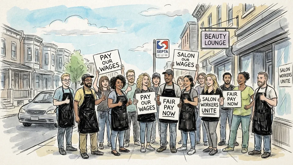 Group of salon workers holding protest signs demanding unpaid wages on Philadelphia street