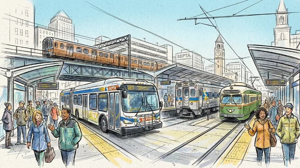 SEPTA bus and rail vehicles at Philadelphia transit center