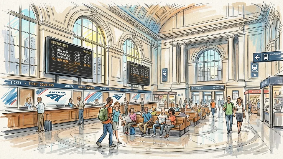 Interior of South Station concourse showing departure boards, ticket counters, and passengers moving through the main hall with natural light from large windows