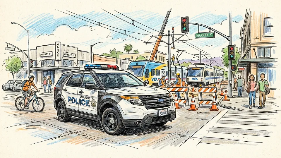 San Jose Police Department patrol vehicle positioned at urban intersection with light rail construction zone visible in background, orange traffic cones and construction barriers present, daytime