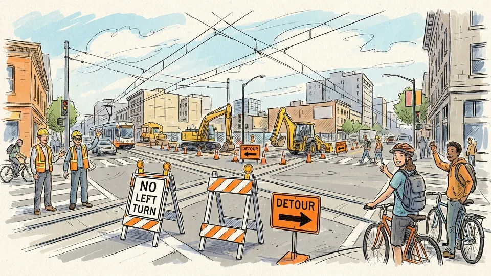 Temporary no left turn traffic signs and detour route markers at construction zone intersection, light rail tracks visible, construction equipment in background