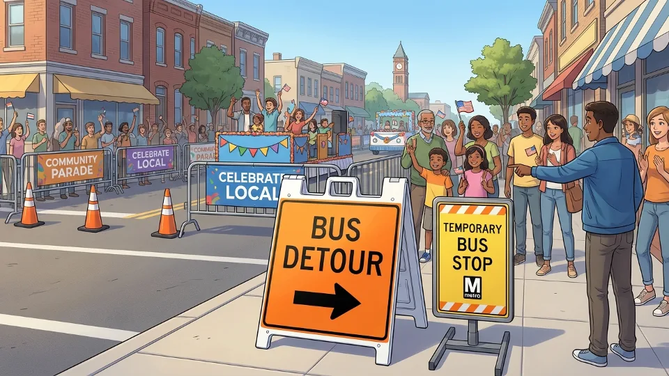 Bus detour sign and temporary stop marker on street during community parade