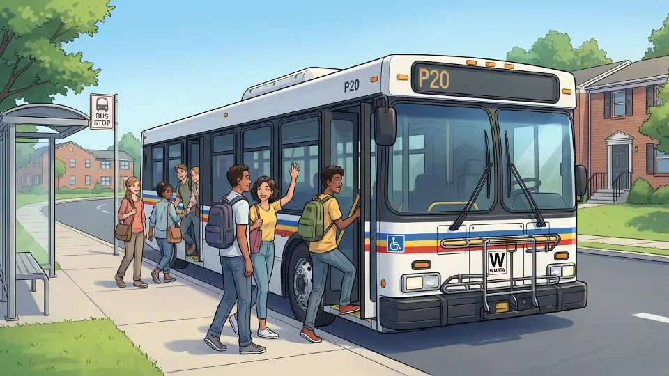 WMATA P20 bus at stop in Prince George's County with passengers boarding