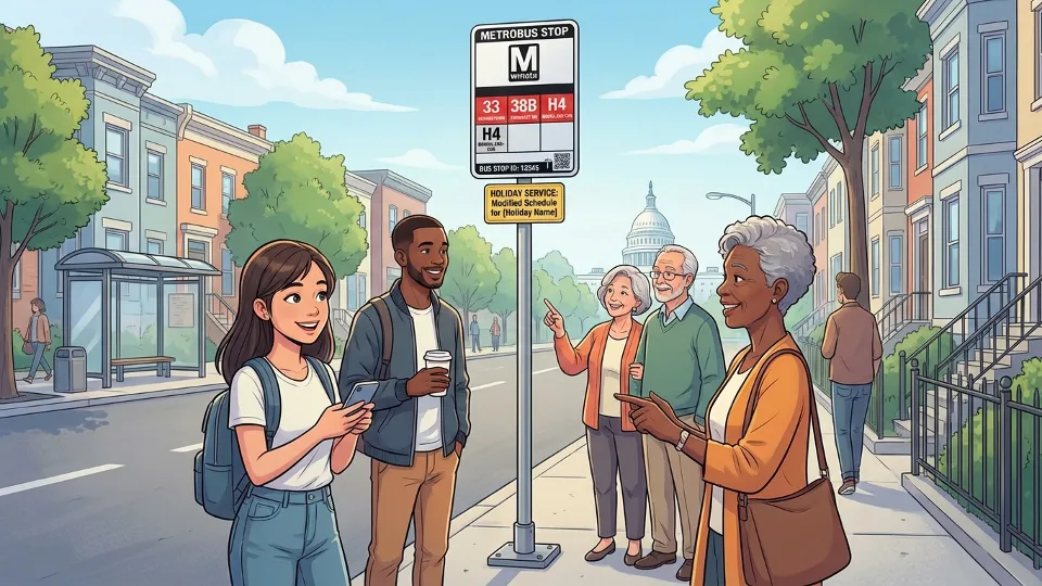 Bus stop sign with route information and holiday service notice