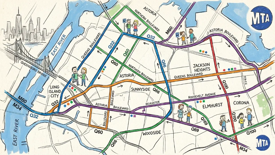 Queens bus route map showing western Queens service area