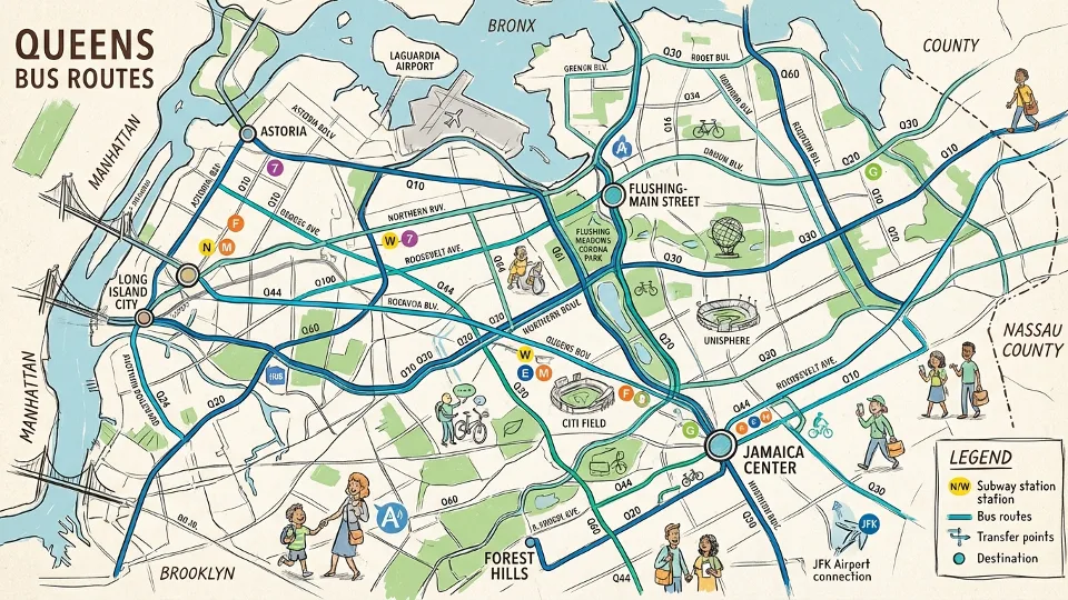 Queens bus route map showing network of bus lines connecting to subway stations