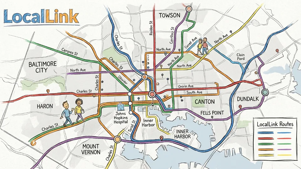 Bus route map display showing LocalLink service corridors in Baltimore area