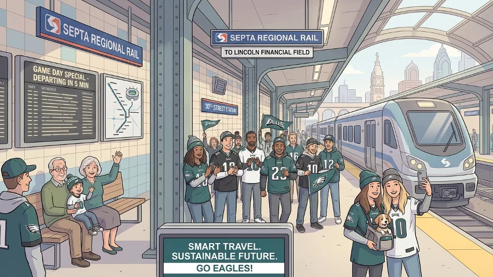 Eagles fans waiting on SEPTA platform before game with transit signage visible