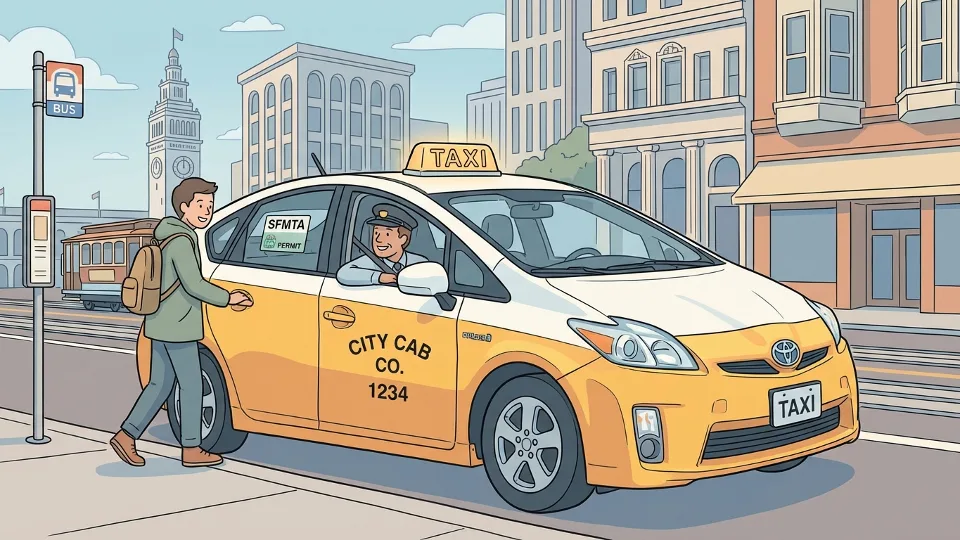 San Francisco taxi cab at downtown pickup location with passenger entering vehicle. Alt text: San Francisco taxi upfront pricing permanent program SFMTA. Composition: Street-level view showing yellow taxi with city buildings in background, emphasizing urban transit service.