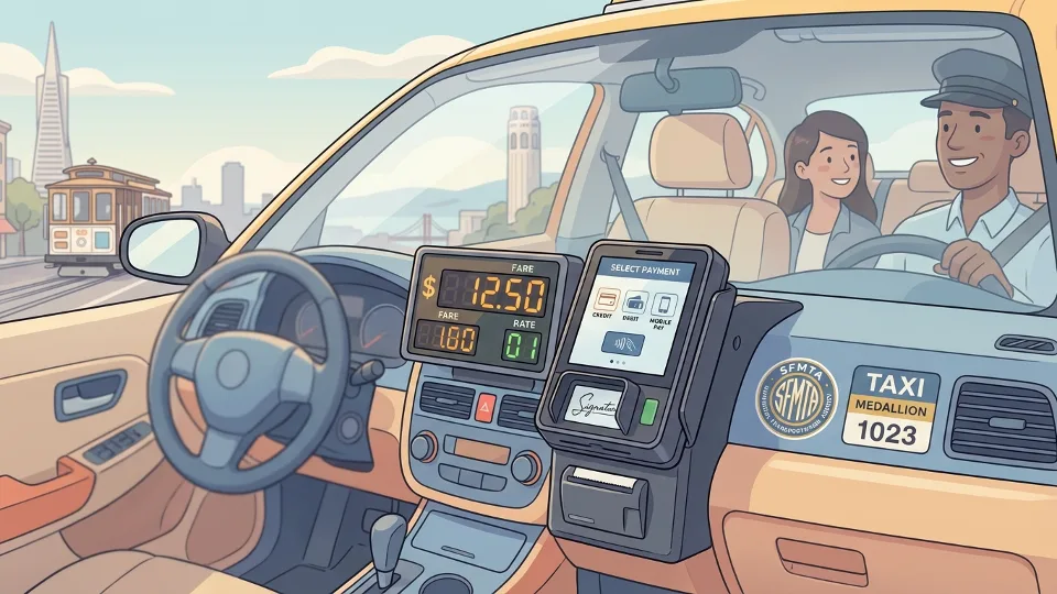 Close-up of taxi meter and payment system inside San Francisco cab showing fare display. Alt text: San Francisco taxi upfront fare system SFMTA permanent program. Composition: Interior view focusing on fare technology and payment interface, showing modernized taxi equipment.