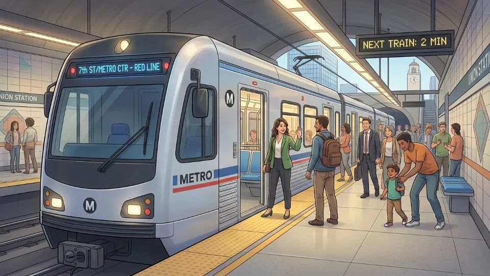 LA Metro train at downtown station with passengers boarding