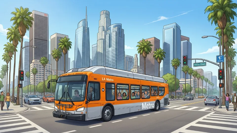 Metro bus on Los Angeles street with downtown skyline in background