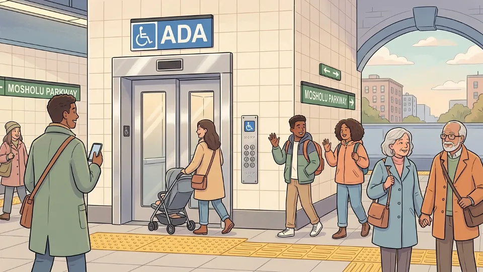 MTA subway elevator with accessibility signage at Mosholu Parkway station in the Bronx, showing modern stainless steel doors and tactile floor indicators