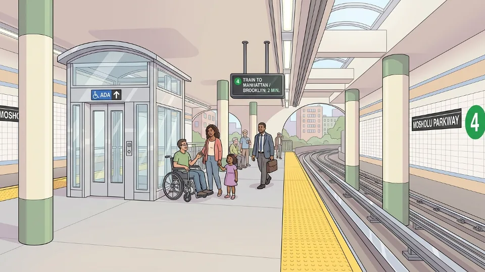Interior view of accessible MTA subway platform at Mosholu Parkway with new elevator entrance, showing platform edge, tactile warning strips, and accessibility signage