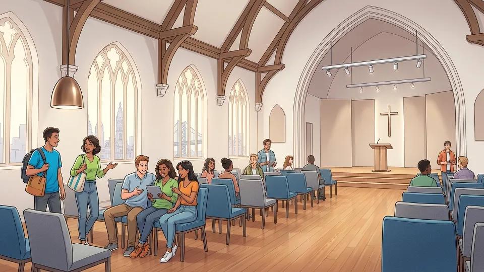 Interior of renovated church sanctuary with seating and modern lighting fixtures
