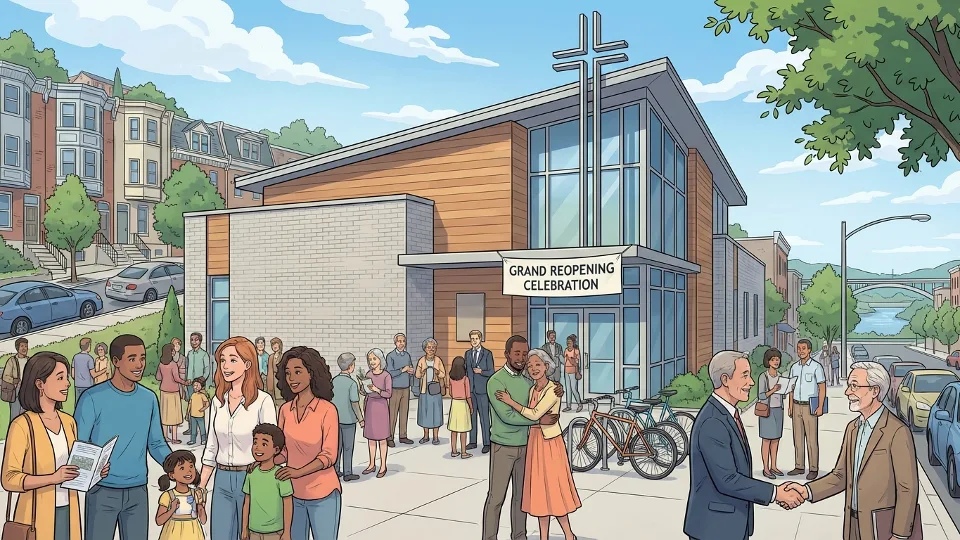 Modern church building exterior in Philadelphia's Manayunk neighborhood with people gathering outside for reopening celebration