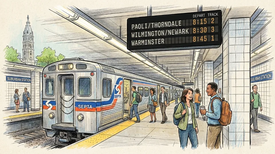 SEPTA Regional Rail train at suburban station platform with schedule board visible