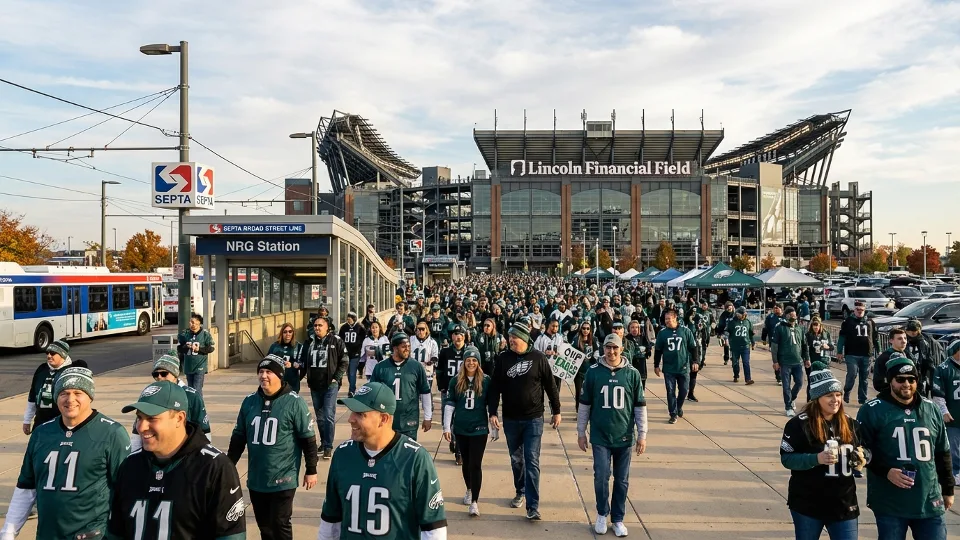 Eagles fans walking toward Lincoln Financial Field stadium with SEPTA transit infrastructure visible in background. Alt text: Philadelphia Eagles fans approaching Lincoln Financial Field with SEPTA service nearby. Composition: Wide shot showing crowd movement toward stadium with transit elements in frame.