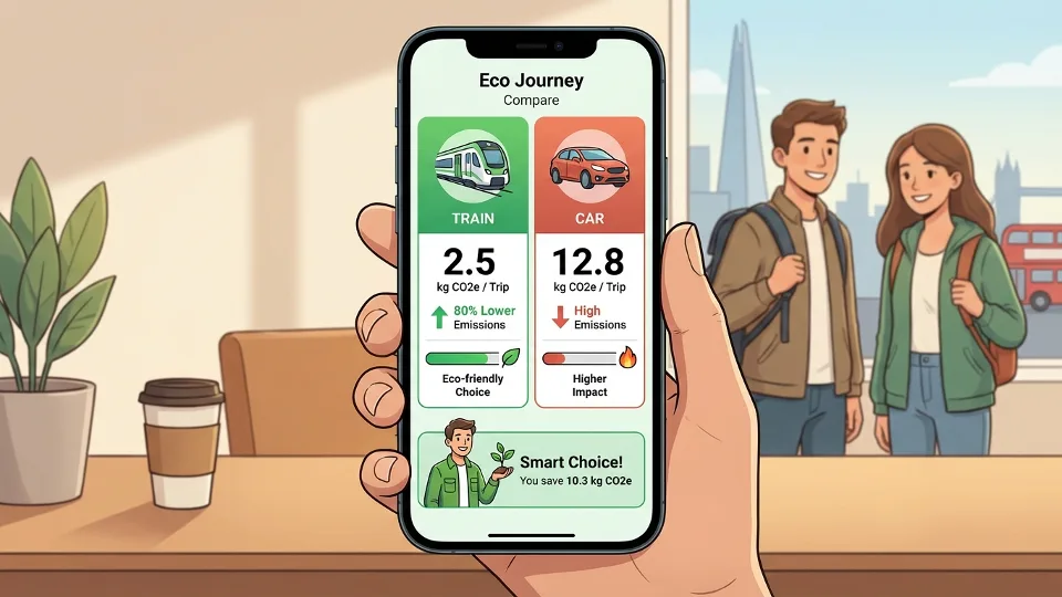 Close-up of smartphone displaying carbon emissions comparison data for train versus car travel