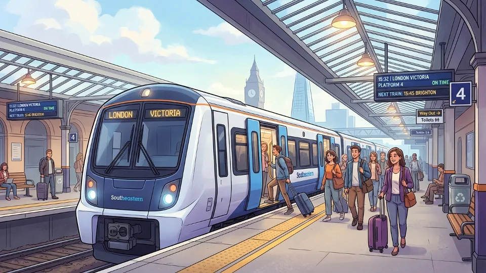National Rail train at London station platform with passengers boarding
