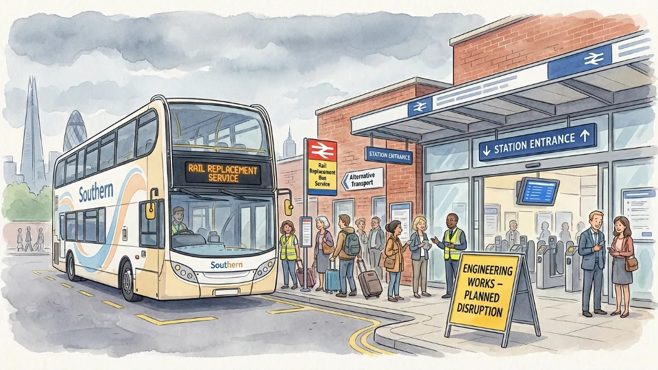 Rail replacement bus service at UK train station with directional signage visible. Alt text: Rail replacement bus at London area station during engineering works. Composition: Bus in foreground with station entrance and passenger information signs showing alternative transport options.