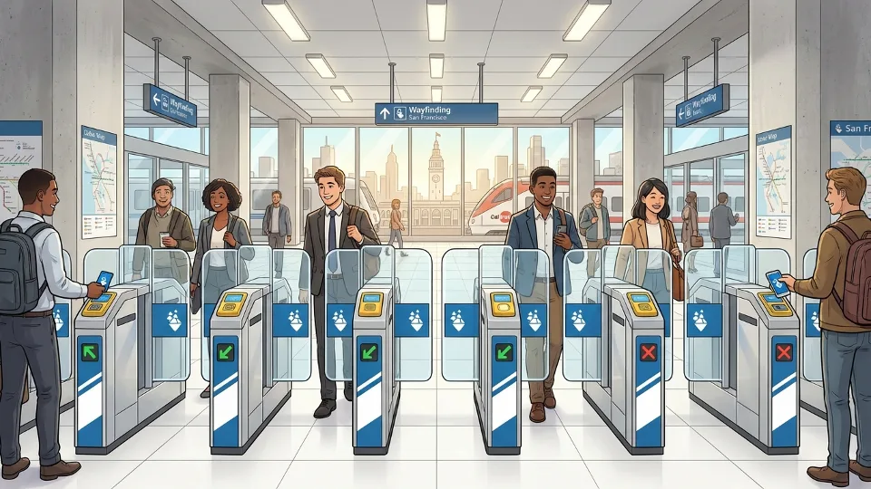 Bay Area transit passengers using fare gates at station entrance