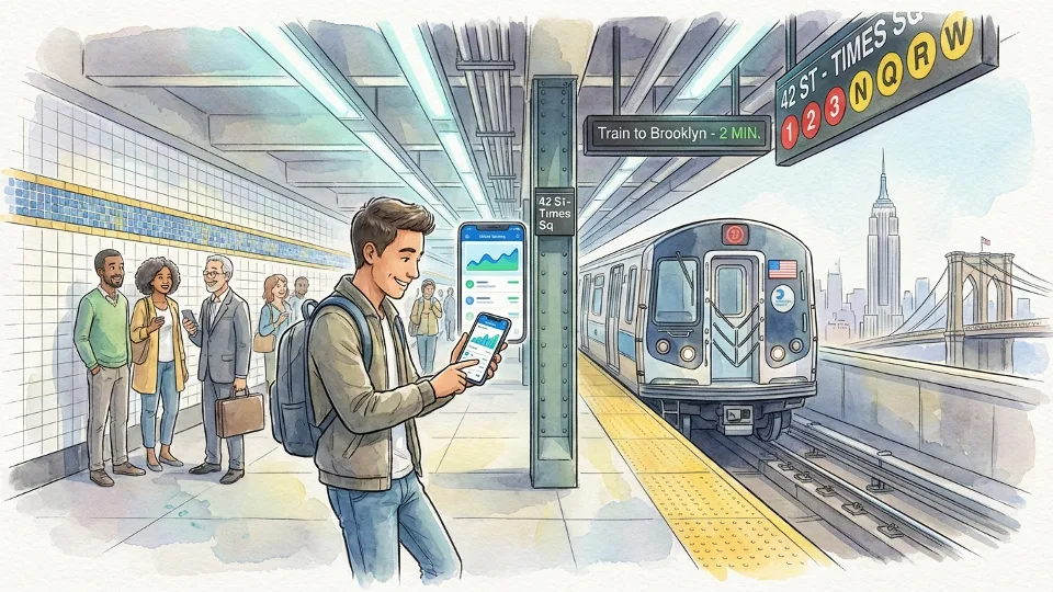 New York City subway rider checking mobile phone banking app at station platform