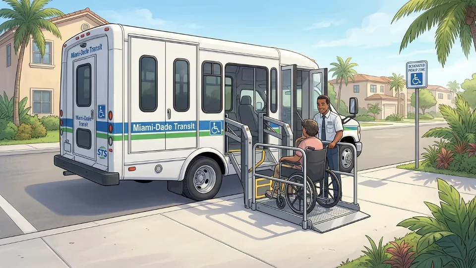 Miami-Dade paratransit vehicle at pickup location with wheelchair lift deployed