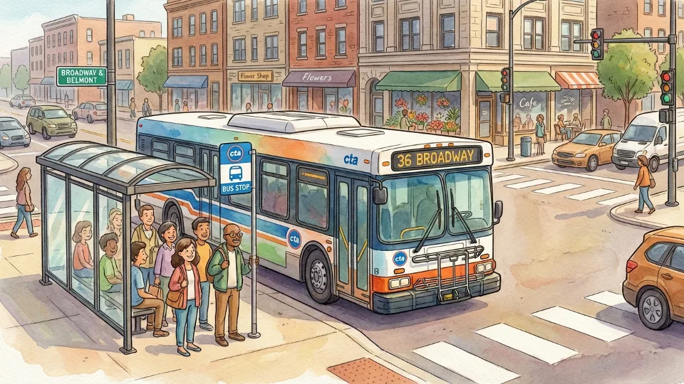CTA bus #36 Broadway at urban Chicago intersection with passengers waiting at bus stop