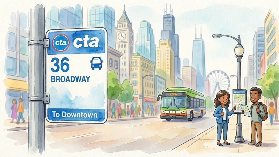 Chicago CTA bus stop sign showing route number 36 Broadway with downtown buildings in background