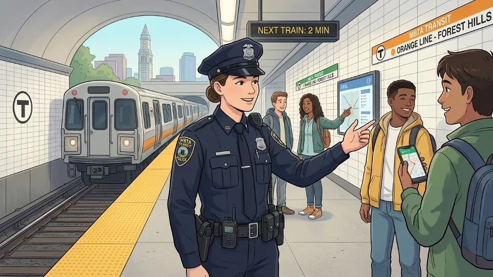 MBTA transit police officer at station platform assisting riders