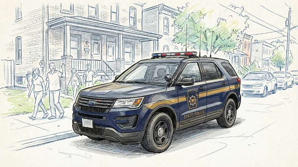 Pennsylvania State Police vehicle parked outside residential home with emergency response equipment visible