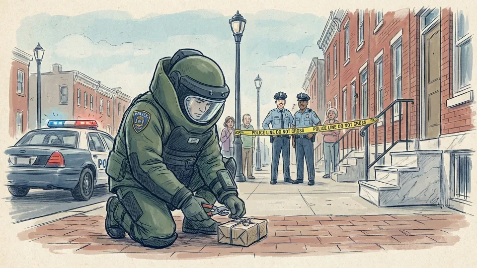 Bomb squad technician in protective gear examining materials at residential scene