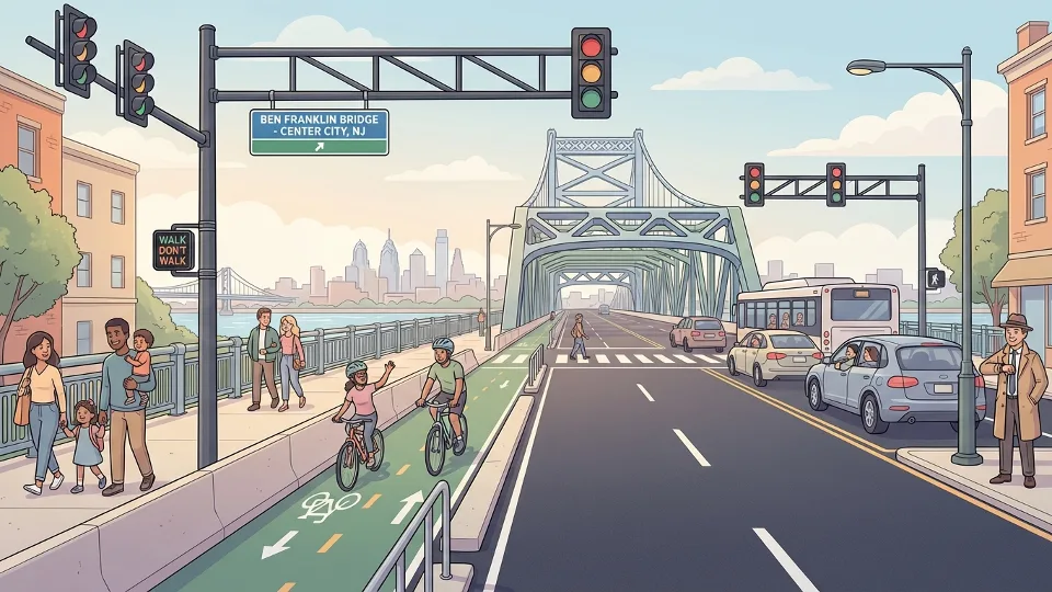 Philadelphia bridge entrance with clear signage showing pedestrian and bicycle lane markings, traffic signals, and roadway approaching bridge deck