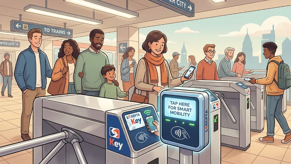 SEPTA fare card reader at station turnstile showing payment interface
