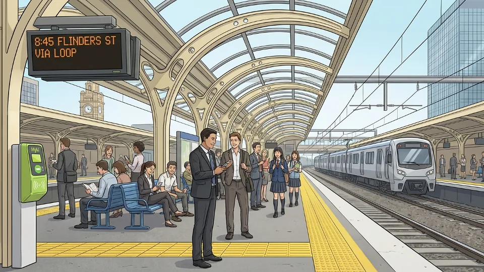 Melbourne train station platform with passengers waiting, showing typical weekday commuter activity and station infrastructure