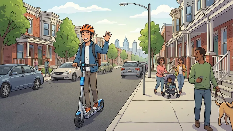 E-scooter on suburban street with rider wearing helmet